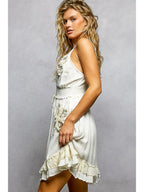 V-Neck Smocked Waist Ruffle Tassel Sleeveless Short Dress