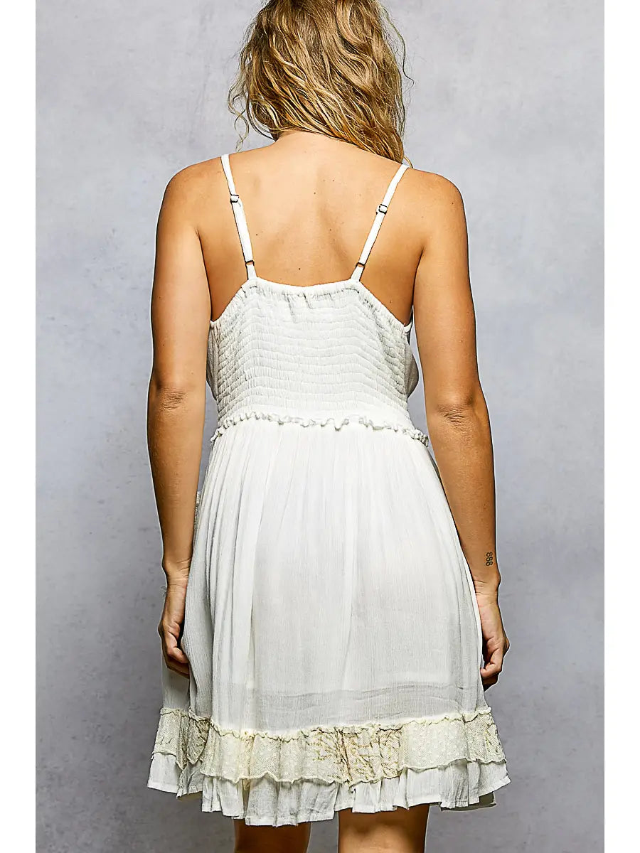 V-Neck Smocked Waist Ruffle Tassel Sleeveless Short Dress