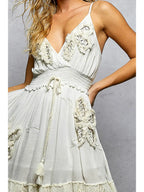 V-Neck Smocked Waist Ruffle Tassel Sleeveless Short Dress
