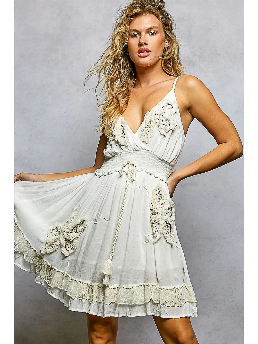 V-Neck Smocked Waist Ruffle Tassel Sleeveless Short Dress
