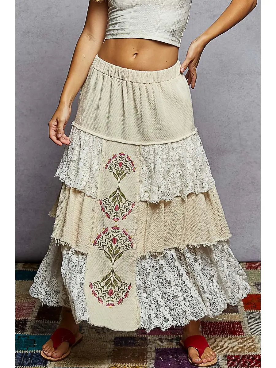 Vintage Washing Solid Double Gauze Lace Ruffle Floral Skirts
