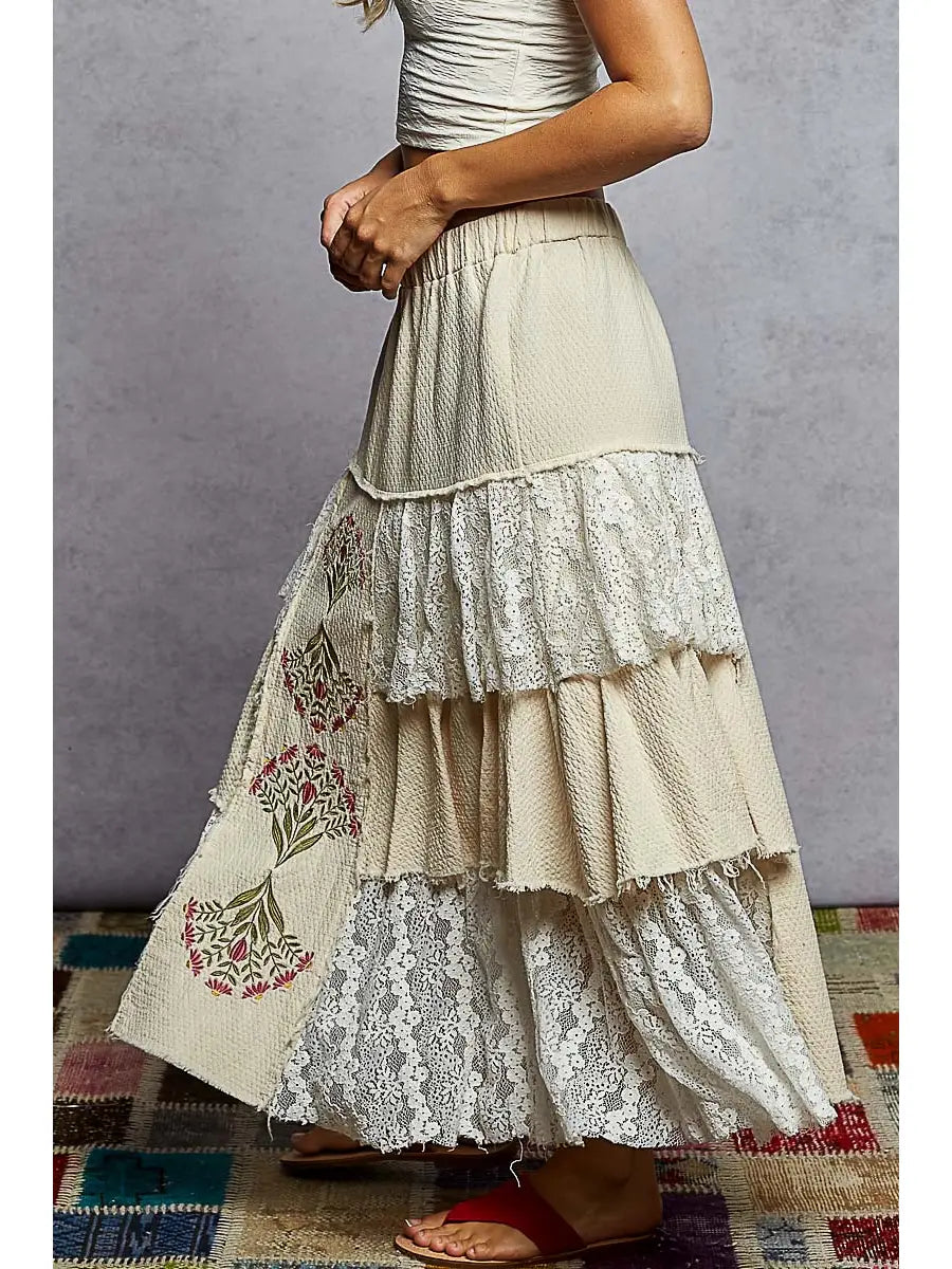 Vintage Washing Solid Double Gauze Lace Ruffle Floral Skirts