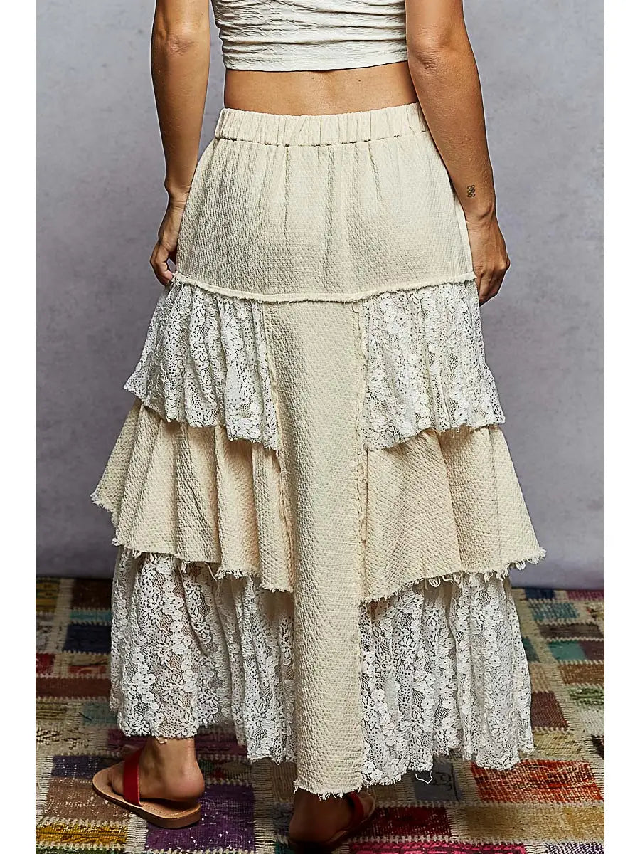 Vintage Washing Solid Double Gauze Lace Ruffle Floral Skirts