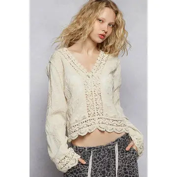 V-Neck Long Sleeve Floral Embroidered Crochet Top