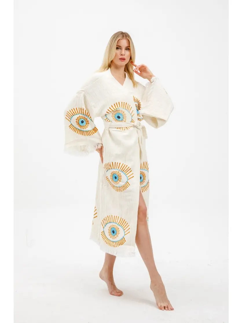 Evil Eye Muslin Kimono, Ethnic Kaftan, Beach Cover Up