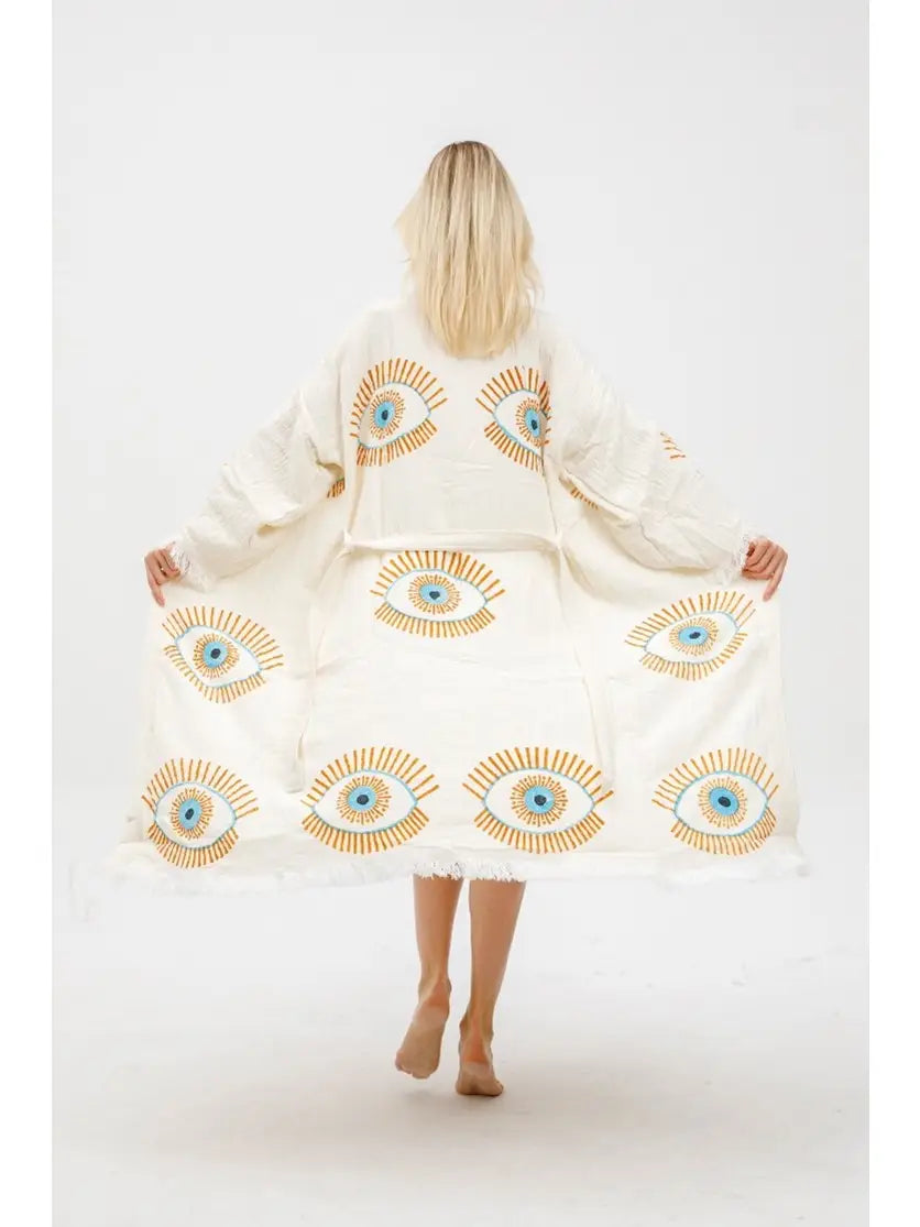Evil Eye Muslin Kimono, Ethnic Kaftan, Beach Cover Up