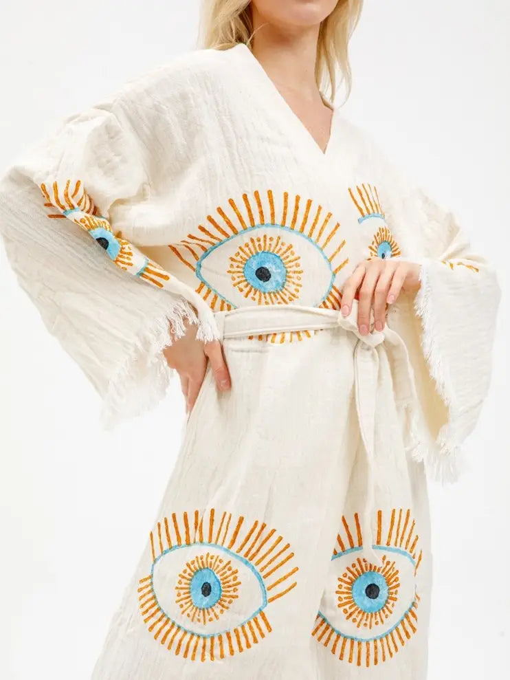 Evil Eye Muslin Kimono, Ethnic Kaftan, Beach Cover Up