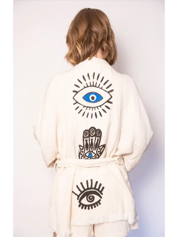 Evil Eye Cotton Kimono Robe ,Boho Bathrobe