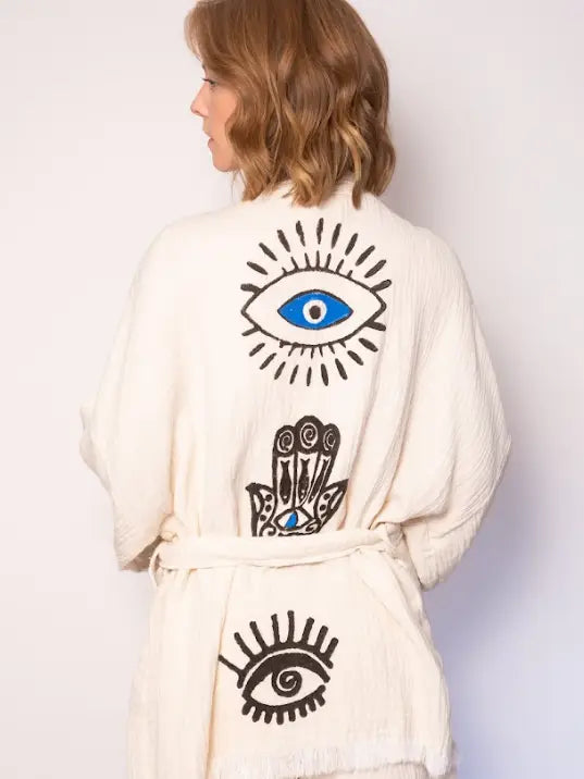 Evil Eye Cotton Kimono Robe ,Boho Bathrobe