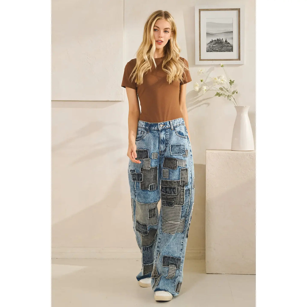 Multi Square Patches Straight Jeans