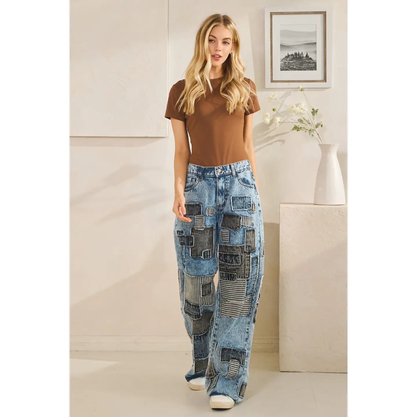 Multi Square Patches Straight Jeans