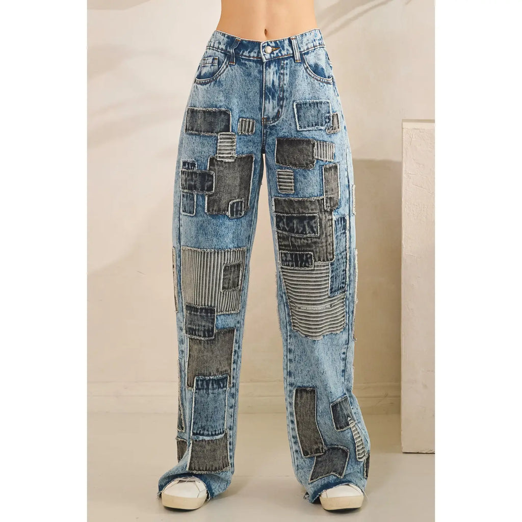 Multi Square Patches Straight Jeans