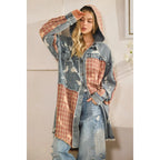 Washed Bleached Denim Plaid Button Front Shacket