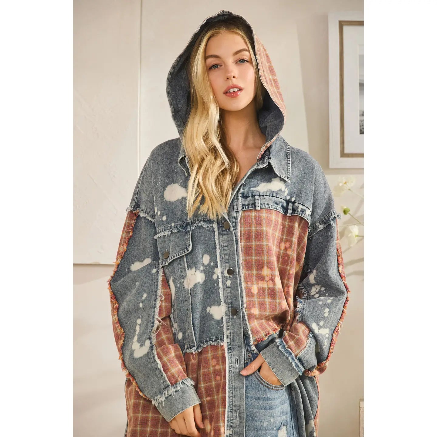 Washed Bleached Denim Plaid Button Front Shacket