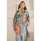 Washed Bleached Denim Plaid Button Front Shacket