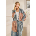Washed Bleached Denim Plaid Button Front Shacket