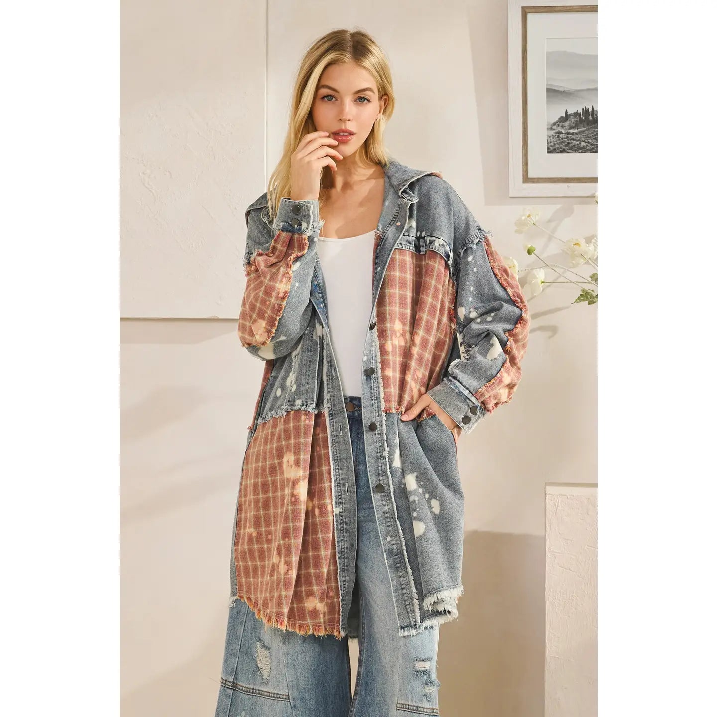 Washed Bleached Denim Plaid Button Front Shacket