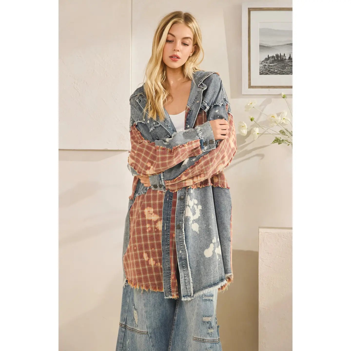 Washed Bleached Denim Plaid Button Front Shacket