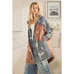 Washed Bleached Denim Plaid Button Front Shacket