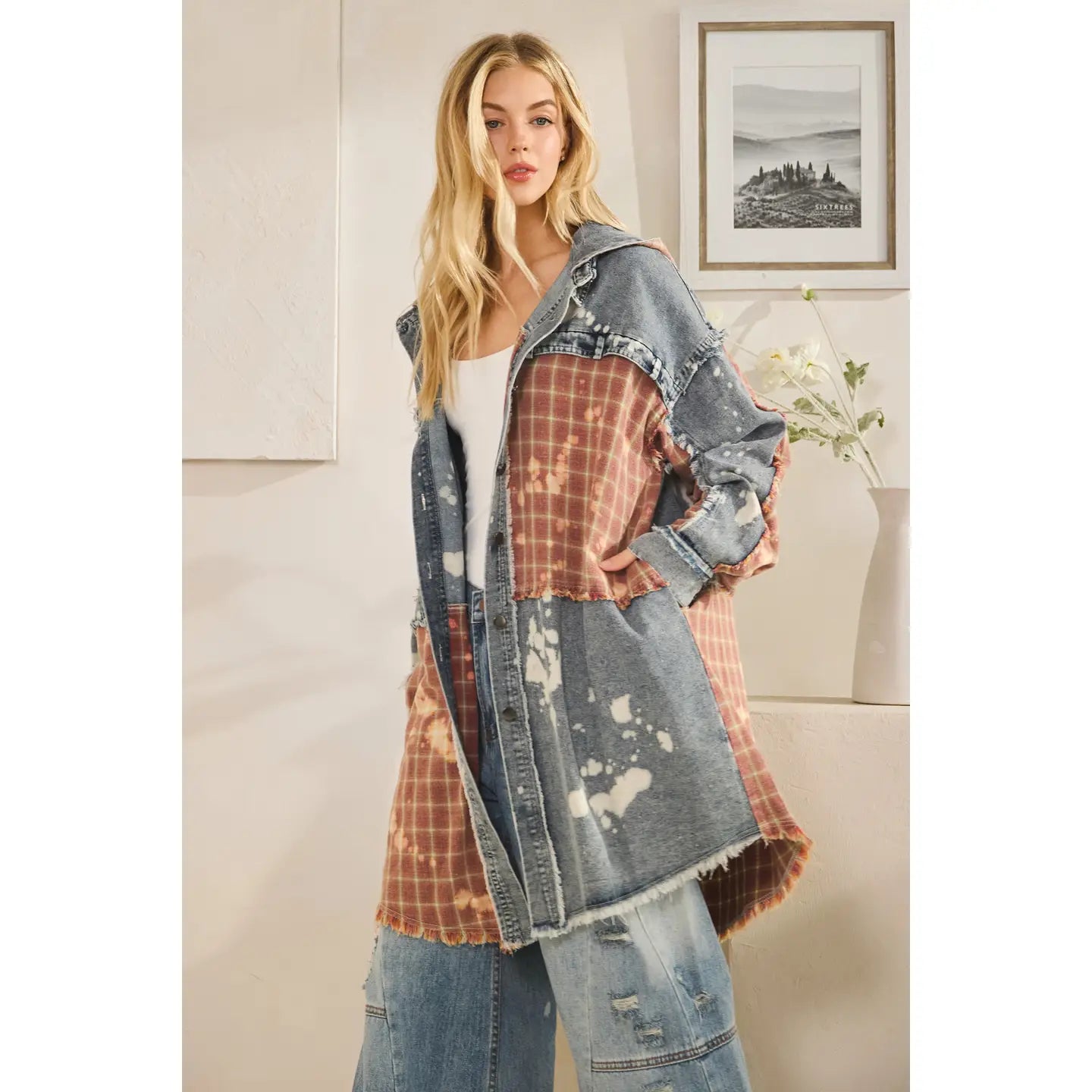 Washed Bleached Denim Plaid Button Front Shacket