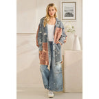 Washed Bleached Denim Plaid Button Front Shacket