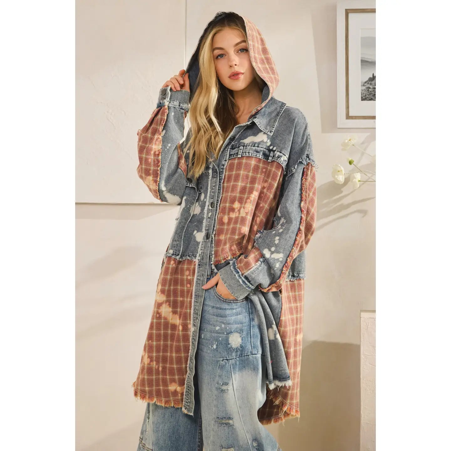Washed Bleached Denim Plaid Button Front Shacket