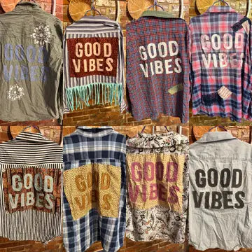 Good Vibes Upcycled  Button Up Flannel Style Top