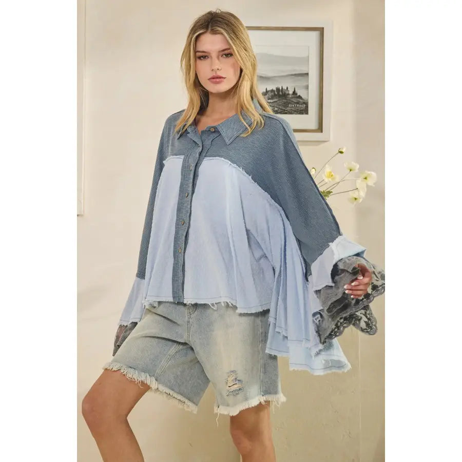 Washed Flare Long Sleeve Ruffle Button Down Top