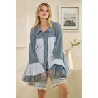Washed Flare Long Sleeve Ruffle Button Down Top