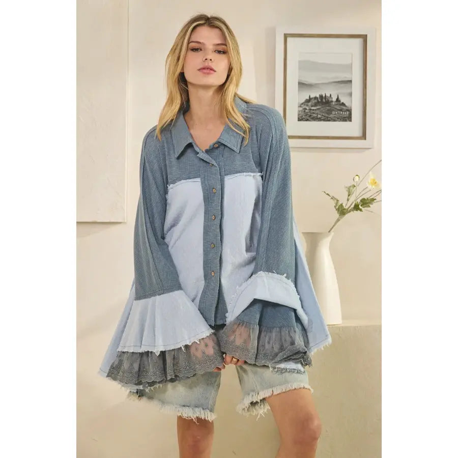 Washed Flare Long Sleeve Ruffle Button Down Top