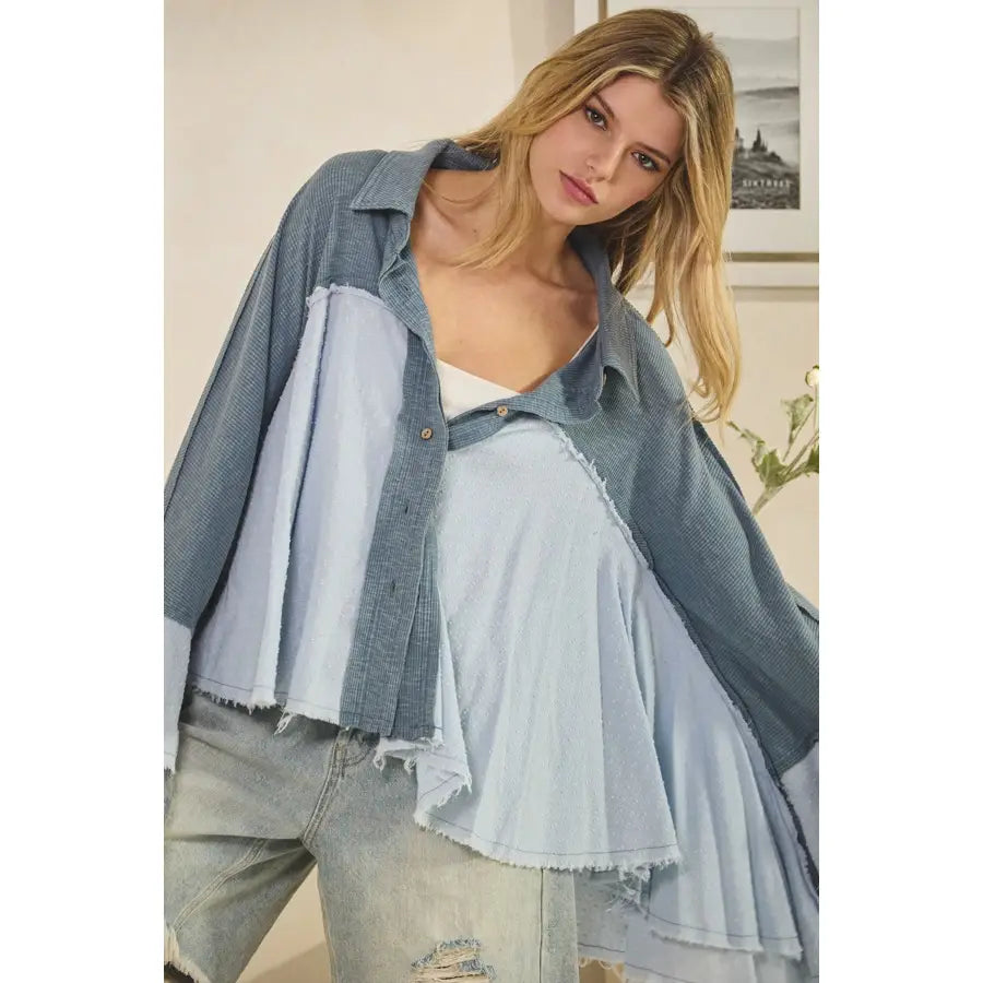 Washed Flare Long Sleeve Ruffle Button Down Top