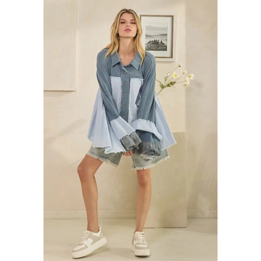 Washed Flare Long Sleeve Ruffle Button Down Top