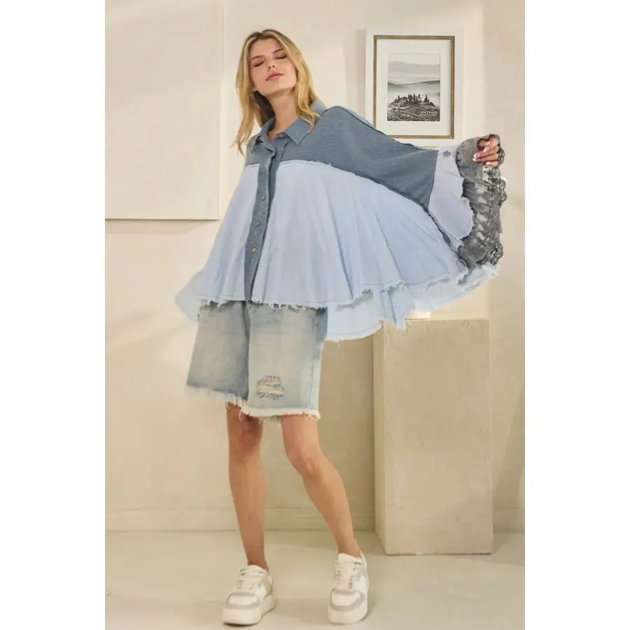 Washed Flare Long Sleeve Ruffle Button Down Top