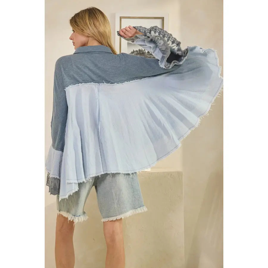 Washed Flare Long Sleeve Ruffle Button Down Top