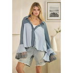 Washed Flare Long Sleeve Ruffle Button Down Top