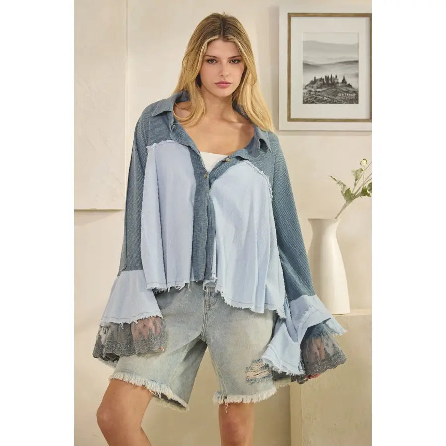 Washed Flare Long Sleeve Ruffle Button Down Top
