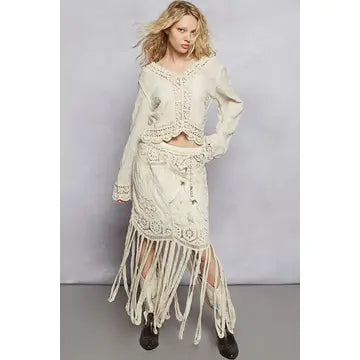 V-Neck Long Sleeve Floral Embroidered Crochet Top