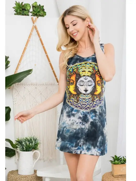 Sun & Moon Print Tie-Dye Tunic Top/ Tank Dress