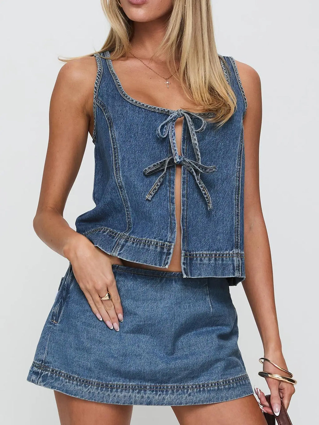 Sleeveless Lace Up Denim Vest Skirts Set