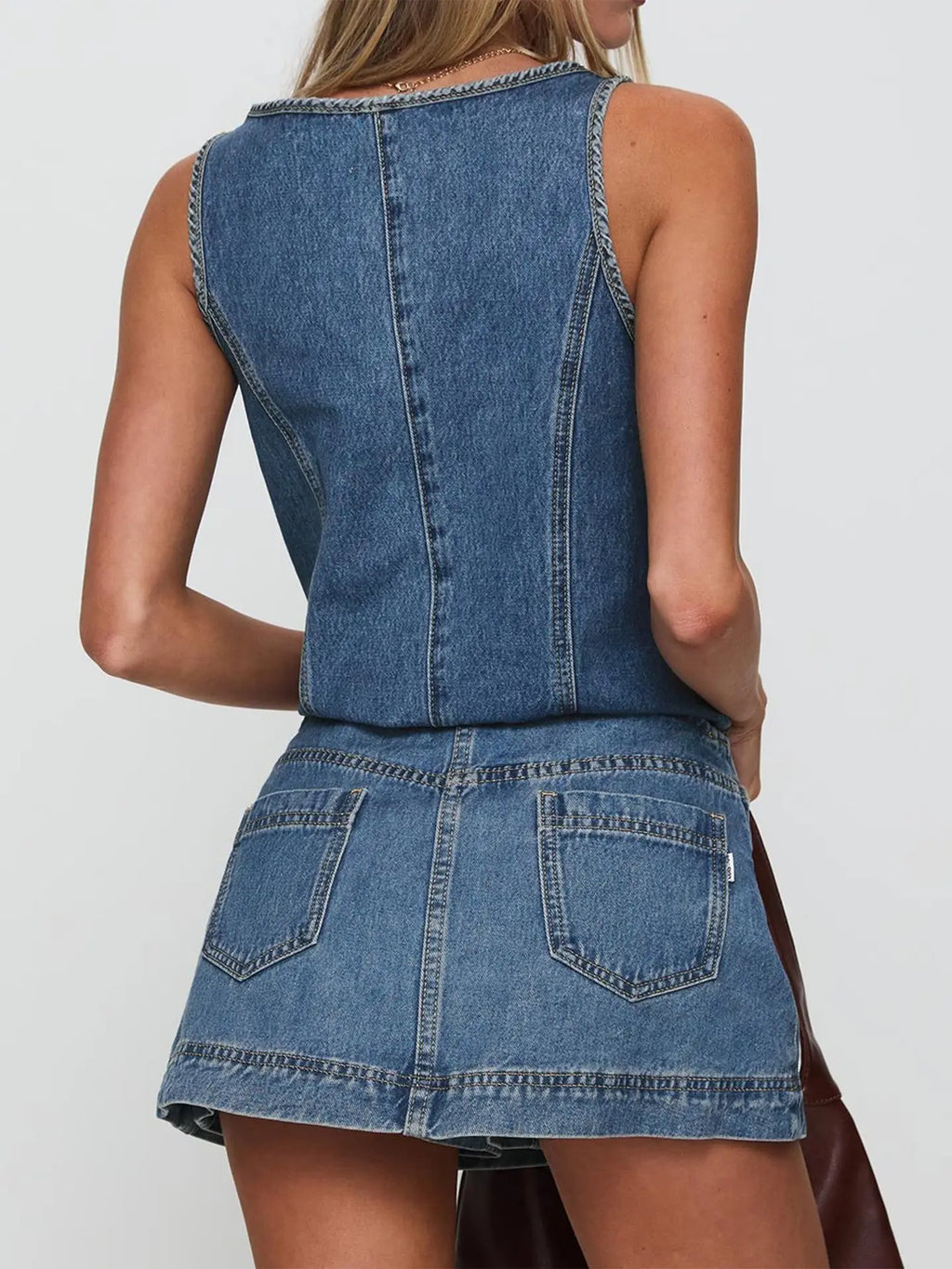 Sleeveless Lace Up Denim Vest Skirts Set