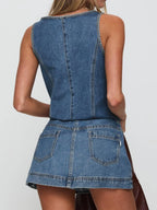 Sleeveless Lace Up Denim Vest Skirts Set