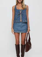 Sleeveless Lace Up Denim Vest Skirts Set