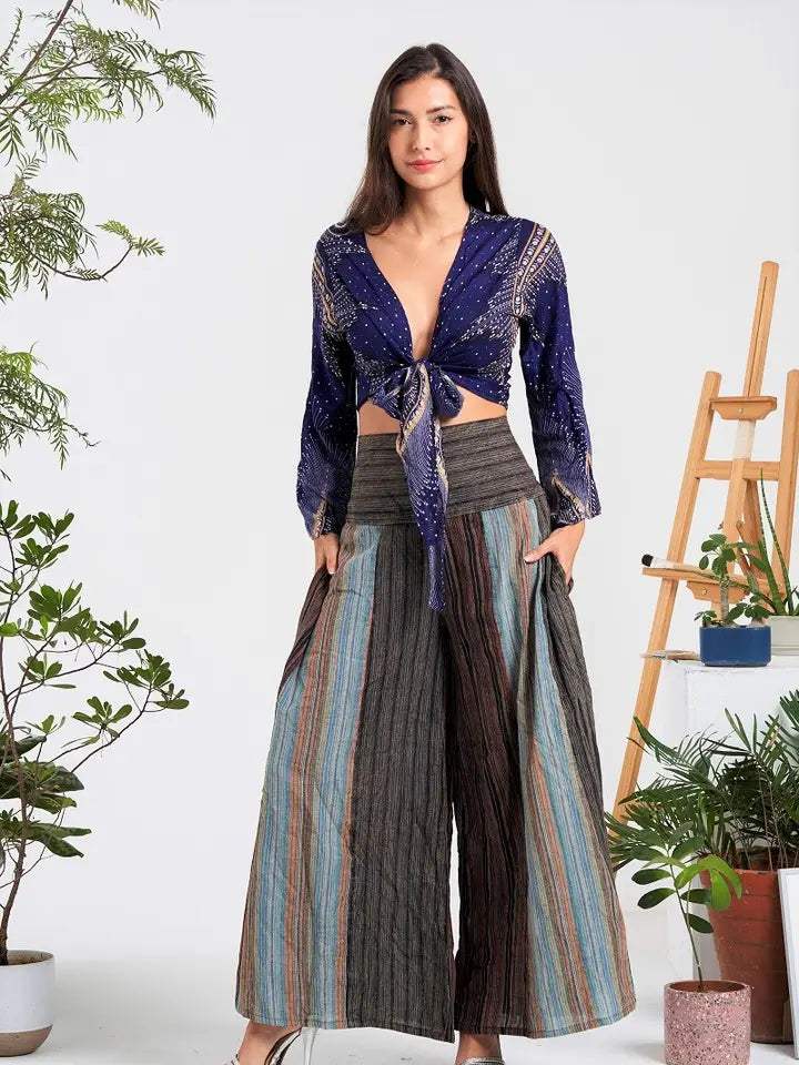 Multi-Colors Wide-Leg Elastic Waist Pants