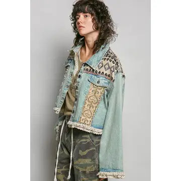 Boho Lace Trim Sequin Beaded Patchwork Denim Jacket