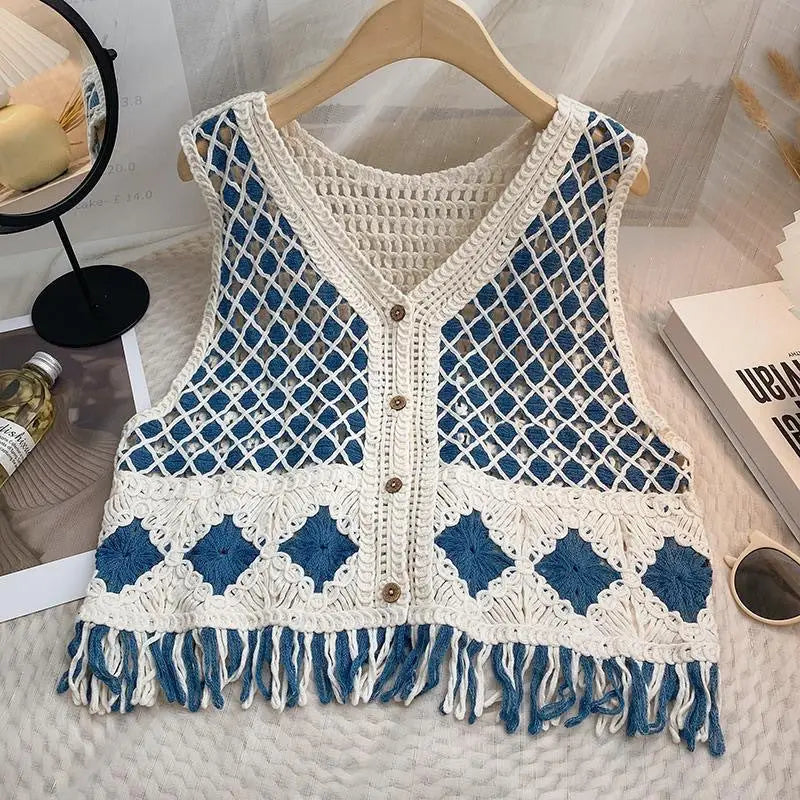 Crosa - Vintage Crochet Hollow Out Knit Vest Cardigan