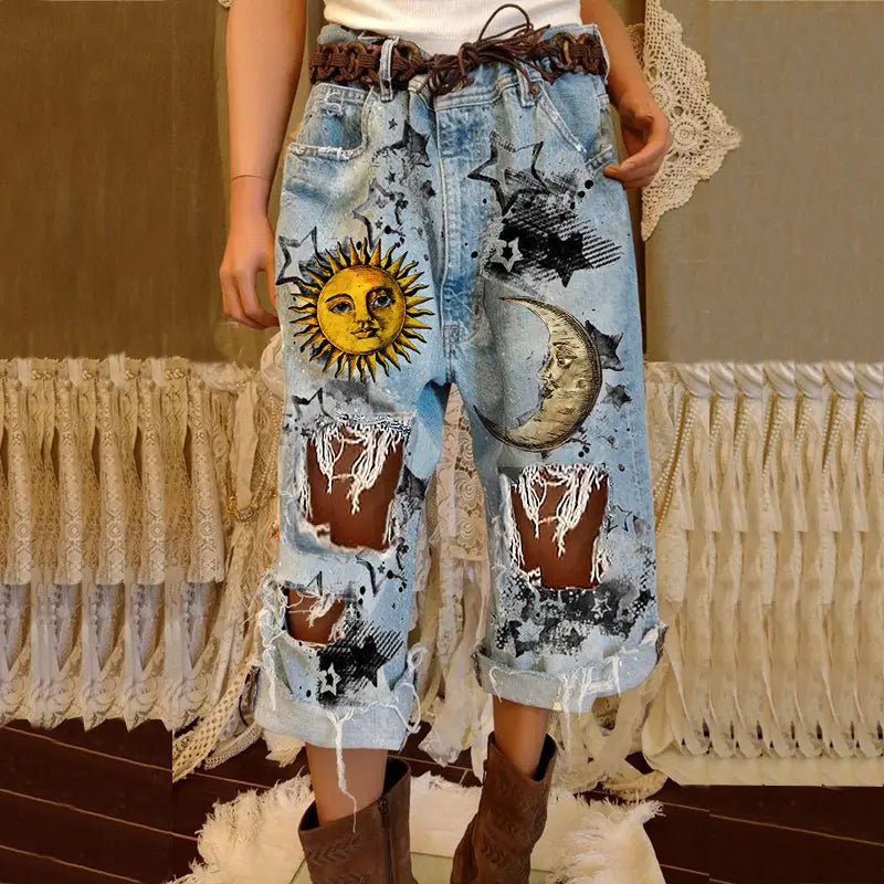 Women's Sun, Moon and Star Ripped Jeans