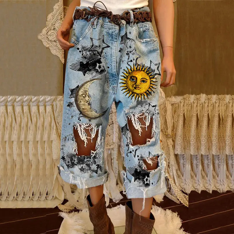 Women's Sun, Moon and Star Ripped Jeans