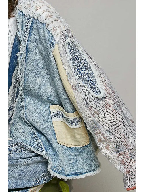 Boho Oversized Vintage Wash Crochet Patchwork Denim Jacket