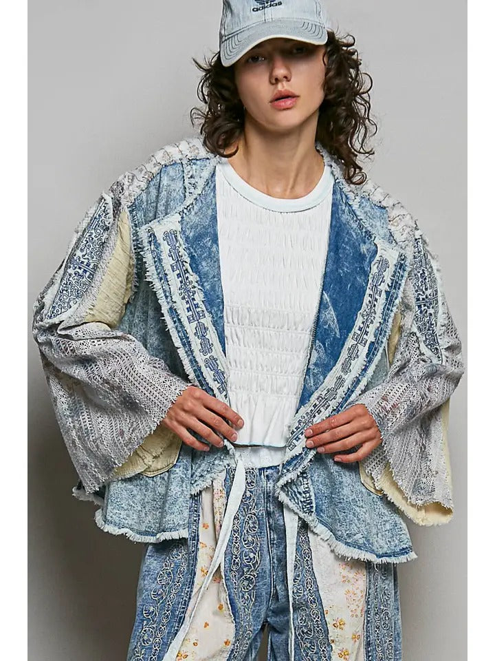 Boho Oversized Vintage Wash Crochet Patchwork Denim Jacket
