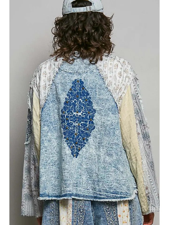 Boho Oversized Vintage Wash Crochet Patchwork Denim Jacket